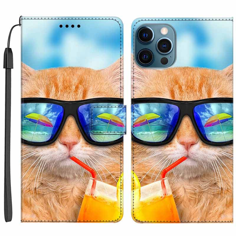 For iPhone 14 Pro Folding Stand PU Leather Phone Case Pattern Printing Flip Wallet Cover with Strap For iPhone 14 Pro Folding Stand PU Leather Phone Case Pattern Printing Flip Wallet Cover with Strap